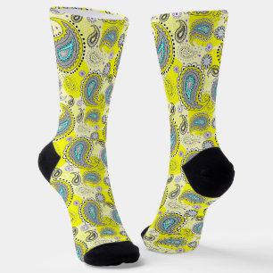 Tribal Paisley Pattern Lemon Yellow Turquoise  Socks
