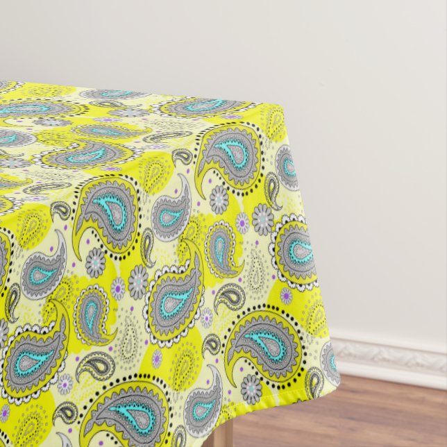Tribal Paisley Pattern Lemon Yellow Turquoise  Tablecloth (In Situ)