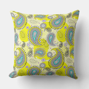 Tribal Paisley Pattern Lemon Yellow Turquoise Throw Pillow