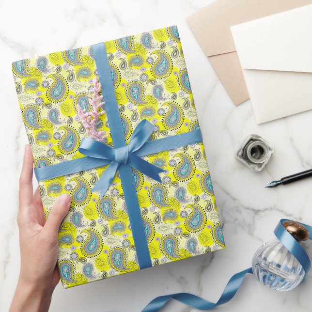 Tribal Paisley Pattern Lemon Yellow Turquoise  Wrapping Paper (Gifting)