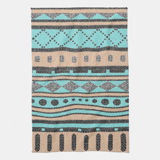 Tribal Pattern Peach And Turquoise Kitchen Towel (Vertical)