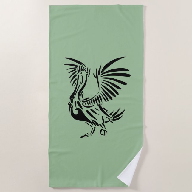 Tribal Pelican Art on Green Beach Towel (Front)
