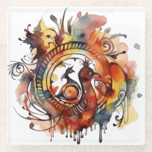 Tribal Phoenix Watercolor Mandala  Glass Coaster