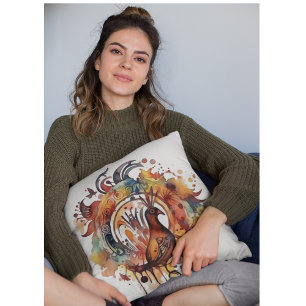 Tribal Phoenix Watercolor Mandala Throw Pillow