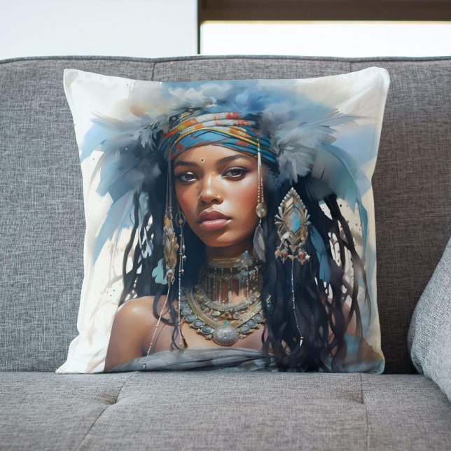 Tribal Queen Watercolor Portrait Throw Pillow (Creator Uploaded)