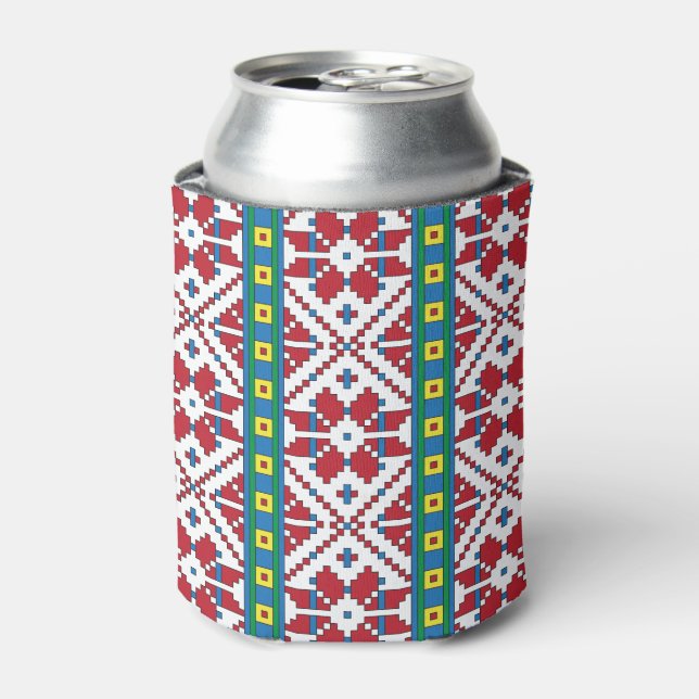 Tribal red, blue, and white star geometric pattern can cooler (Can Front)