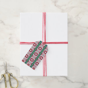 Tribal red, blue, and white star geometric pattern gift tags