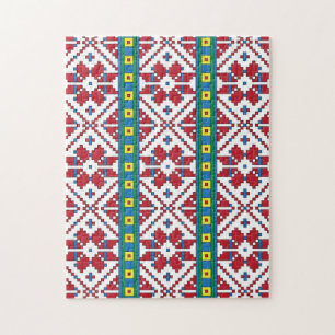 Tribal red, blue, and white star geometric pattern jigsaw puzzle