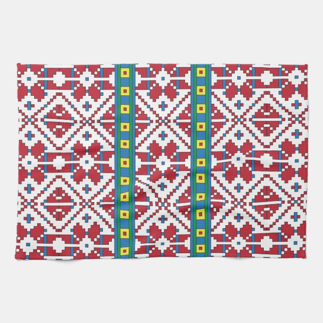 Tribal red, blue, and white star geometric pattern kitchen towel (Horizontal)