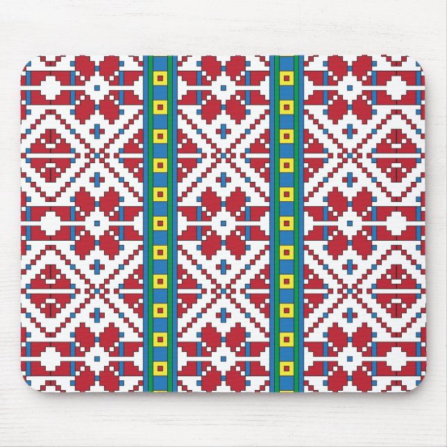 Tribal red, blue, and white star geometric pattern mouse pad (Front)