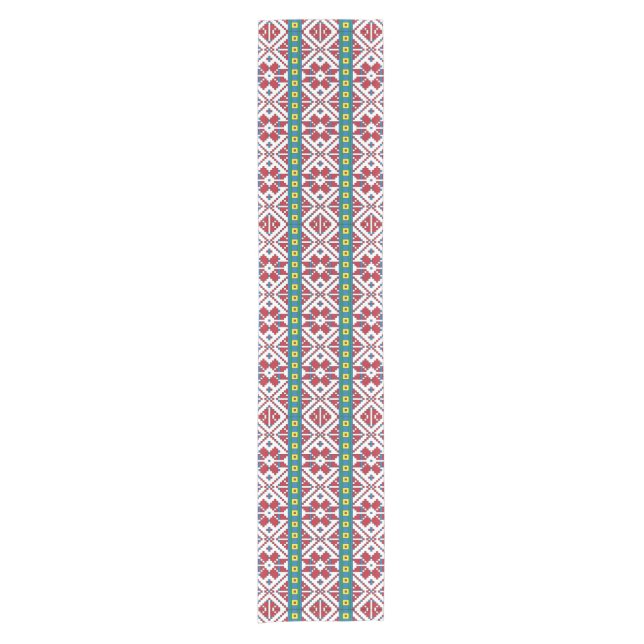 Tribal red, blue, and white star geometric pattern short table runner (Front)