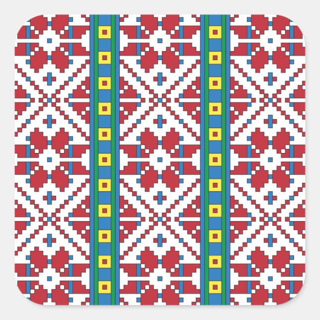Tribal red, blue, and white star geometric pattern square sticker (Front)