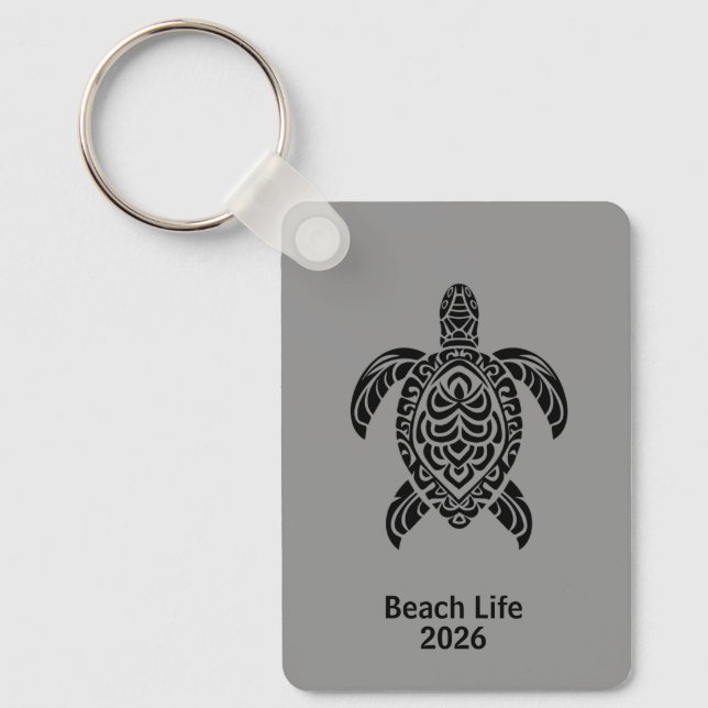 Tribal Sea Turtle, black on gray Keychain (Front)