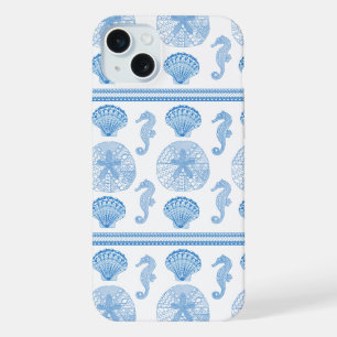 Tribal Seashells Seahorses Blue White iPhone 15 Plus Case