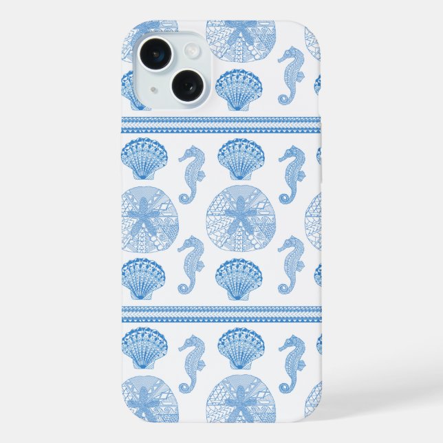 Tribal Seashells Seahorses Blue White iPhone Case (Back)