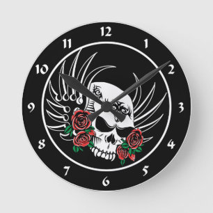 Tribal Skull and Roses Round Clock