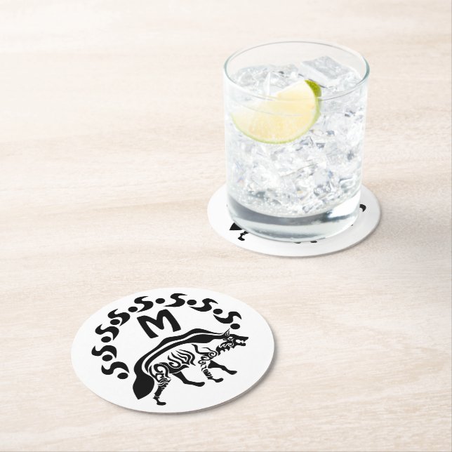 Tribal Striped Hyena Monogram Round Paper Coaster (Insitu)