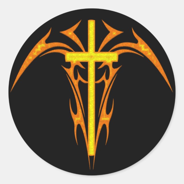 TRIBAL STYLE CROSS AND ANGEL CLASSIC ROUND STICKER (Front)