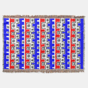 Tribal Style II - Red, Blue, Black and White Throw Blanket