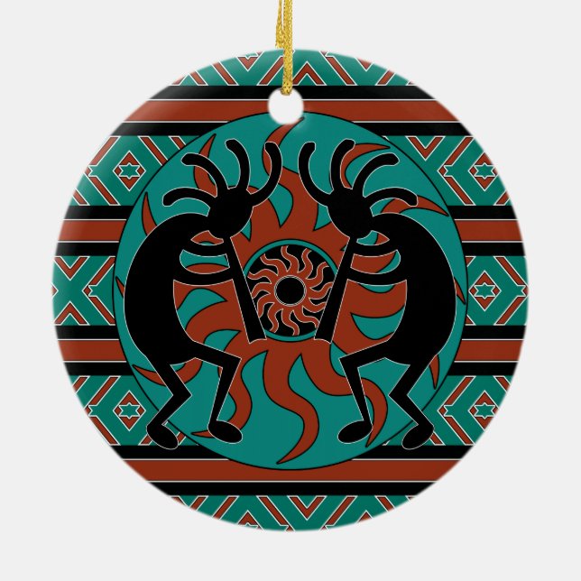 Tribal Sun Turquoise Kokopelli Southwest Christmas Ceramic Ornament (Back)