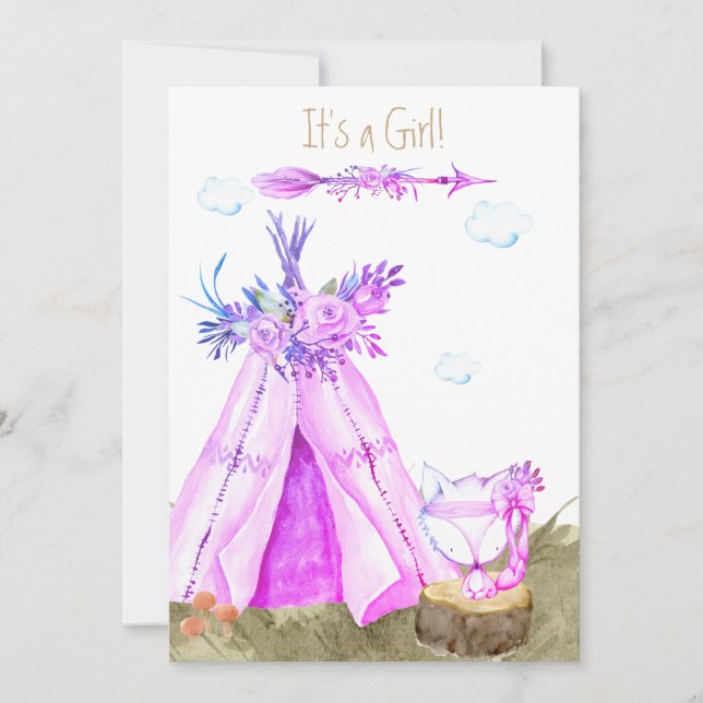 *~* Tribal Teepee Boho Fox Woodland Forest Girl Invitation (Front)