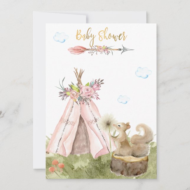 *~* Tribal Teepee Boho Squirrel  Woodland Forest Invitation (Front)