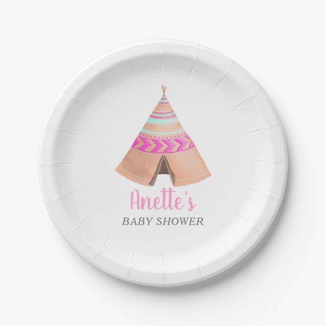 Tribal Teepee Pink Baby Shower Paper Plate (Front)