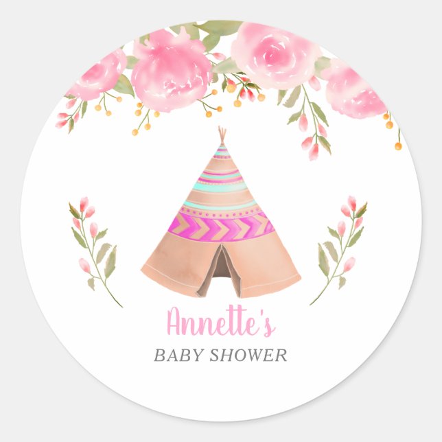 Tribal Teepee Pink Floral Baby Shower Classic Round Sticker (Front)