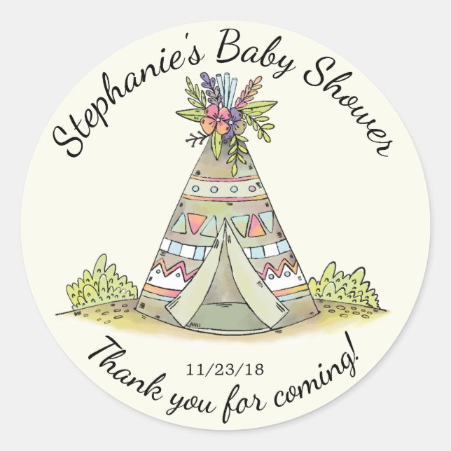Tribal Teepee Wild Baby Shower Favour Sticker (Front)