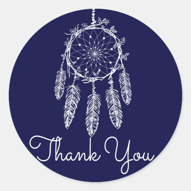Tribal Thank You Dream Catcher Navy Blue Classic Round Sticker (Front)