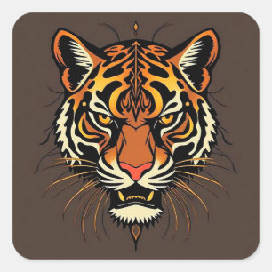 🐅 Tribal Tiger Face Bold Patterned Animal Art 🐅 Square Sticker