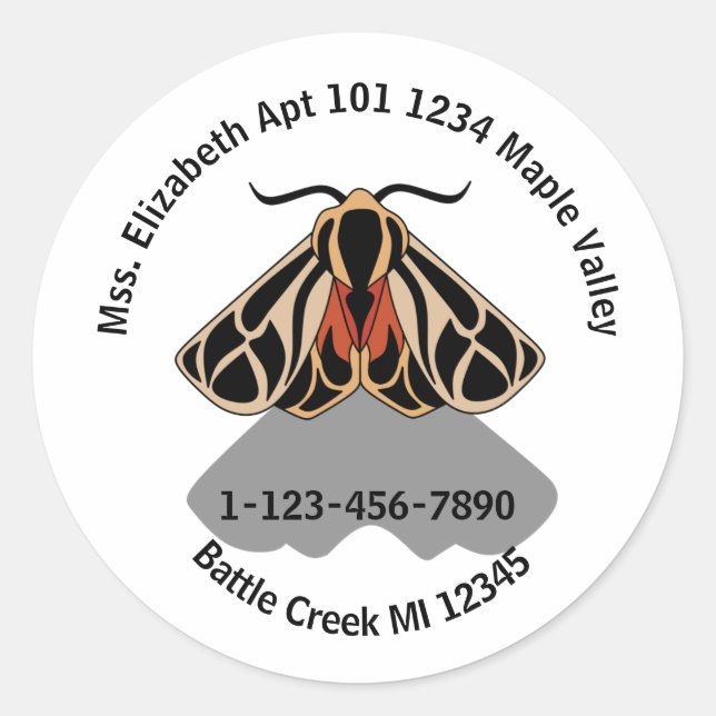 Tribal Tiger Moth Emergency Contact Information Ke Classic Round Sticker (Front)