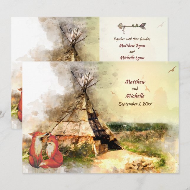 Tribal Tipi and Foxes in Love Boho Teepee Wedding Invitation (Front/Back)