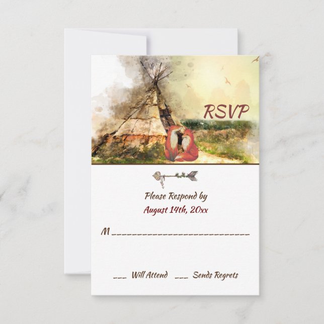 Tribal Tipi and Foxes in Love Boho Teepee Wedding RSVP Card (Front)