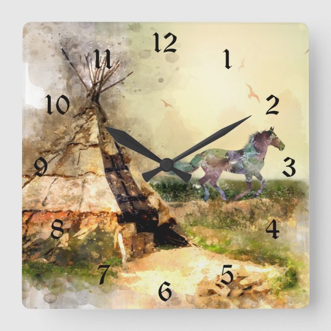 Tribal Tipi and Indian Pony Boho Horse Teepee Square Wall Clock (Front)
