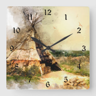 Tribal Tipi ~ Beautiful Watercolor Teepee Square Wall Clock