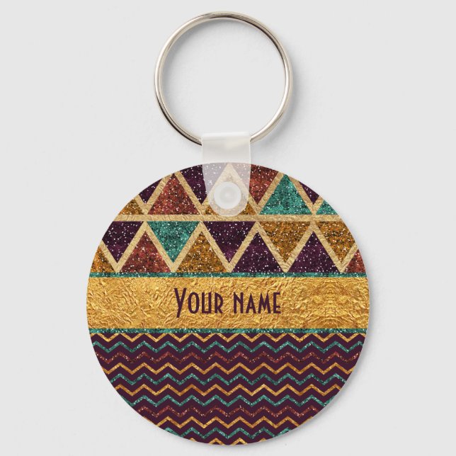 Tribal Triangles Chevrons Faux Glitter Foil Keychain (Front)