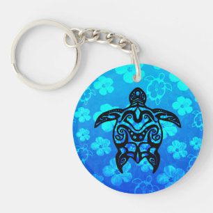 Tribal Turtle Hibiscus Keychain