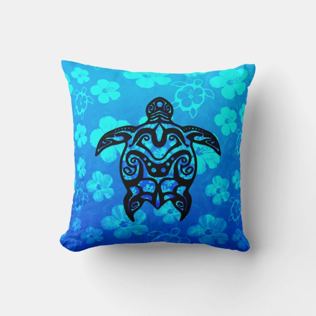 Tribal Turtle Hibiscus Throw Pillow (Front)