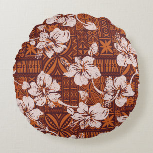 Tribal vintage Hawaiian hibiscus flowers wallpaper Round Pillow