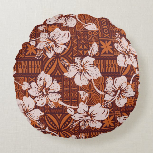 Tribal vintage Hawaiian hibiscus flowers wallpaper Round Pillow (Front)