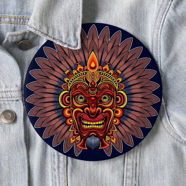 Tribal Warrior King Ritual Mask 6 Inch Round Button (In Situ)