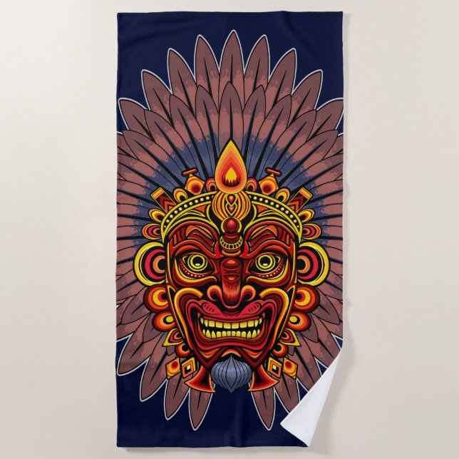 Tribal Warrior King Ritual Mask Beach Towel (Front)