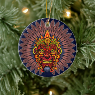 Tribal Warrior King Ritual Mask Ceramic Ornament