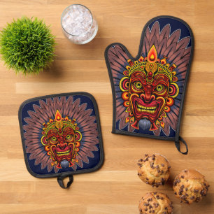 Tribal Warrior King Ritual Mask Oven Mitt & Pot Holder Set