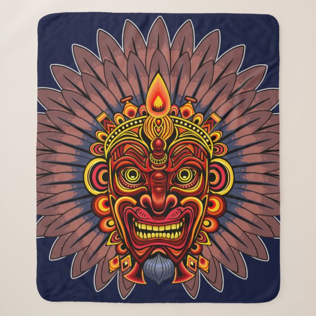 Tribal Warrior King Ritual Mask Sherpa Blanket (Front)