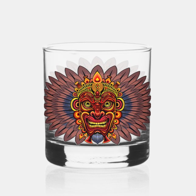 Tribal Warrior King Ritual Mask Whiskey Glass (Front)