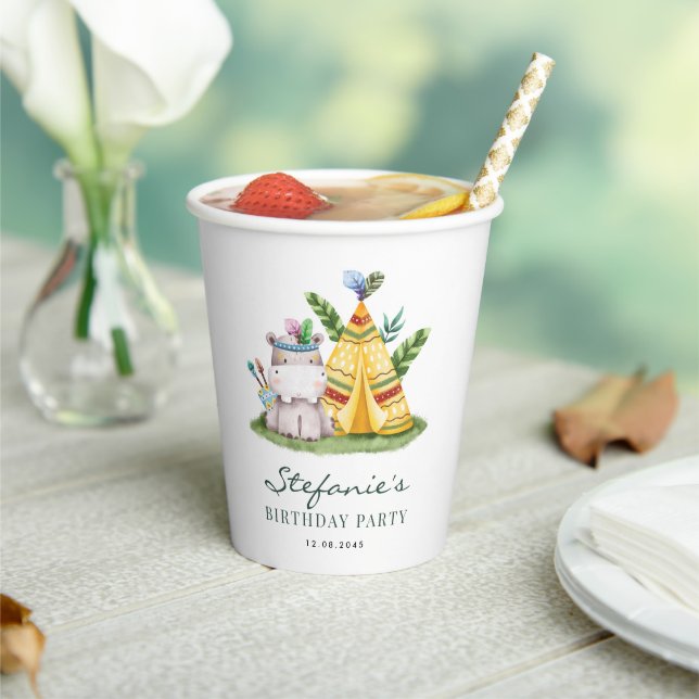 Tribal Watercolor Hippo Safari Theme Birthday Paper Cups (Insitu)