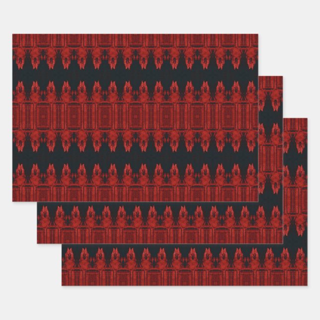 Tribal Western Red Black Art Pattern Bull Skull Wrapping Paper Sheet (Set)