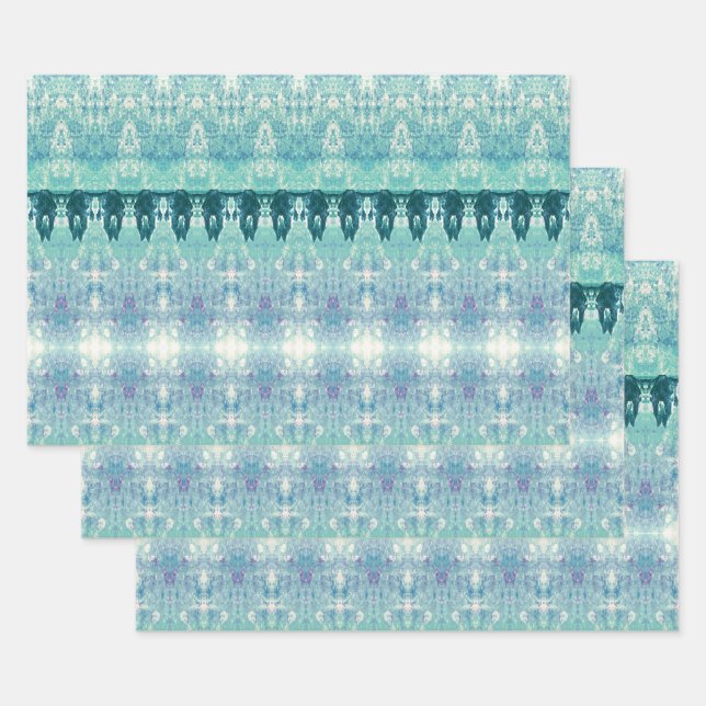 Tribal Western Teal Green White Pattern Bull Skull Wrapping Paper Sheet (Set)